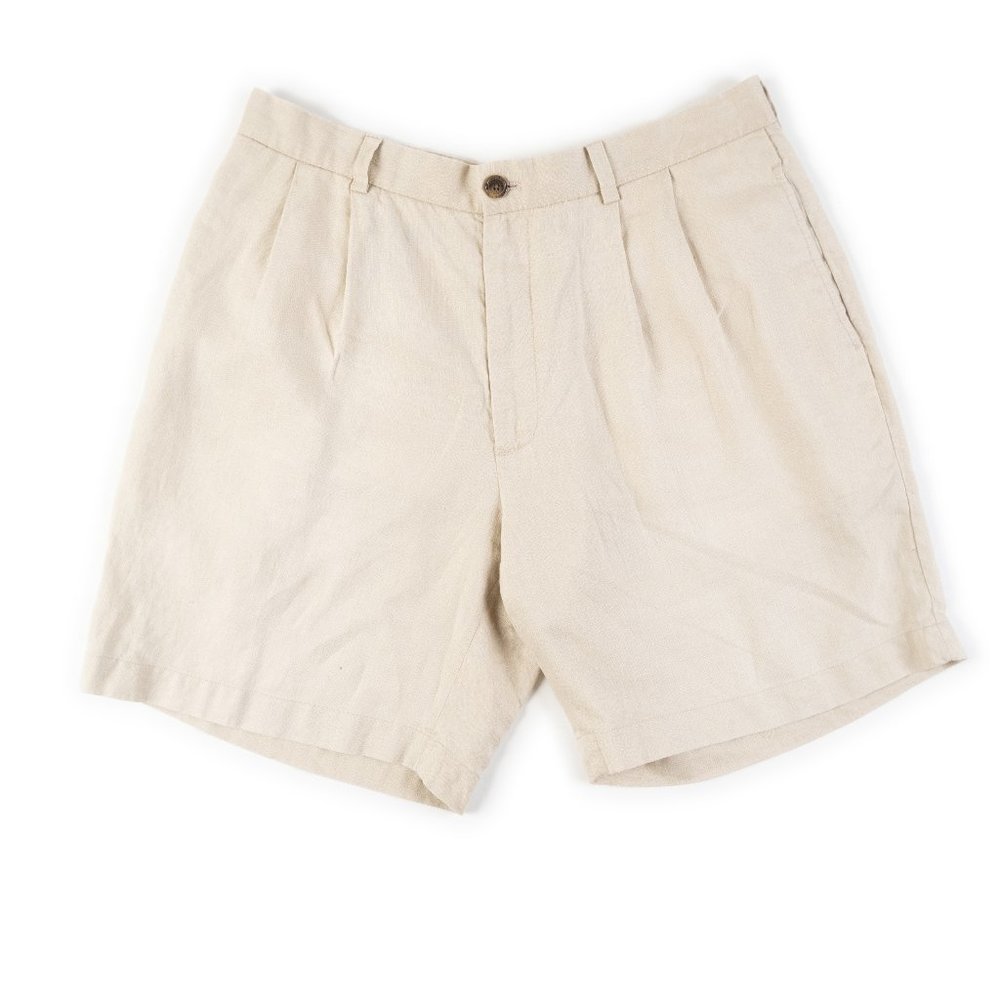 BROOKS BROTHERS 346 100% Linen tan pleated shorts size 38, fit like 36